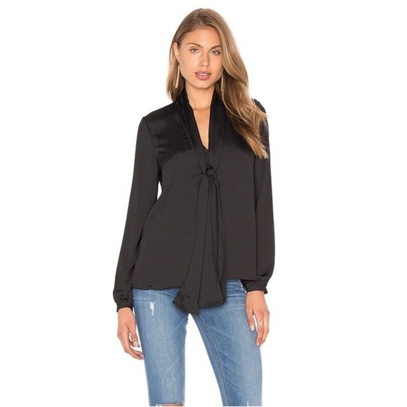 L'Academie Revolve 70's Blouse Neck Tie Black Long Sleeve Satin Size XS - Picture 1 of 14